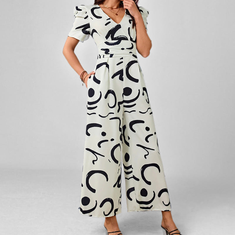 Stylish V-neck Cinched-waist Wide-leg Jumpsuit