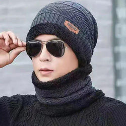 Wool Beanie And Neck Warmer Set-2Pcs Black Plain Warmth