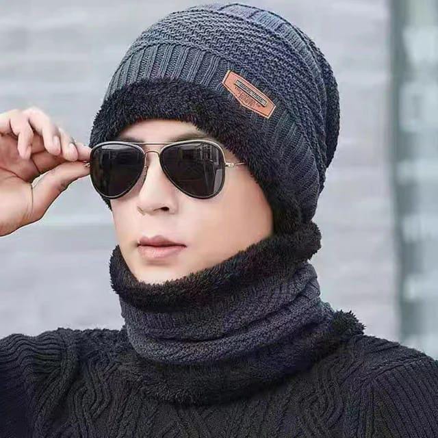 Wool Beanie And Neck Warmer Set-2Pcs Black Plain Warmth